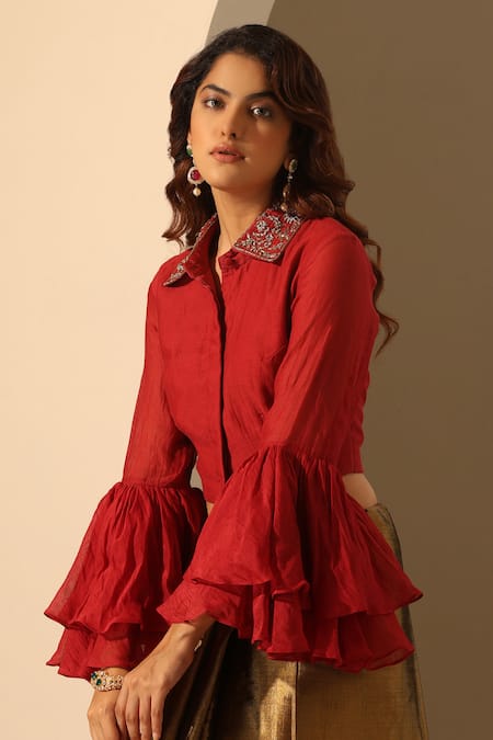 Weaver Story_Red Chanderi Embroidery Collared Layered And Ruffled Sleeve Blouse _Online_at_Aza_Fashions