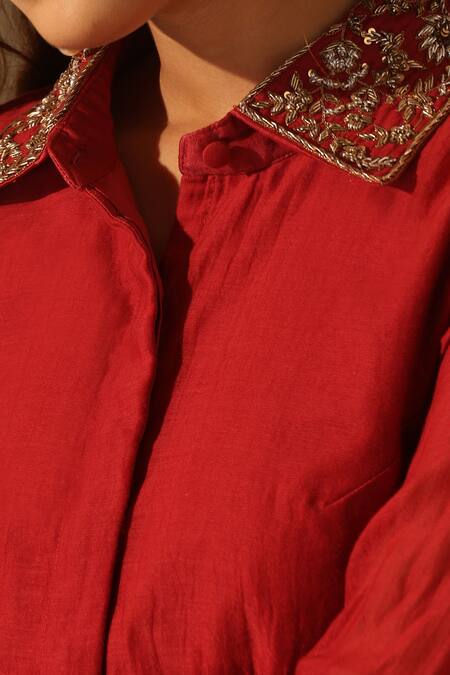 Buy_Weaver Story_Red Chanderi Embroidery Collared Layered And Ruffled Sleeve Blouse _Online_at_Aza_Fashions