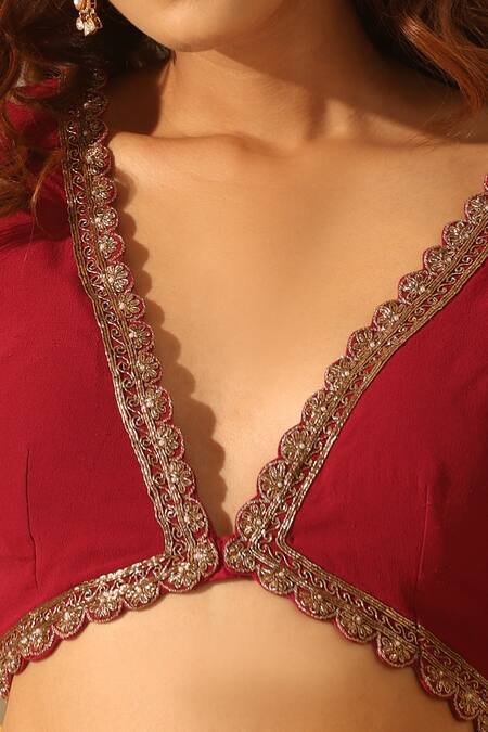Buy_Weaver Story_Red Georgette Embroidery V-neck Scallop Trim Placement Hand Blouse _Online_at_Aza_Fashions