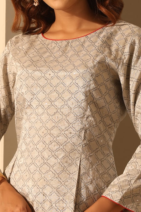 Buy_Weaver Story_Silver Tissue, Silk Sequins Round Neck Block Print Blouse_Online_at_Aza_Fashions