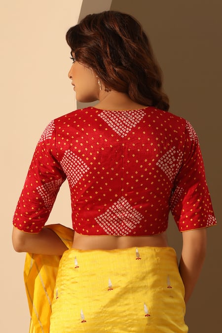 Shop_Weaver Story_Red Gabardine V-neck Bandhani Print Blouse _at_Aza_Fashions