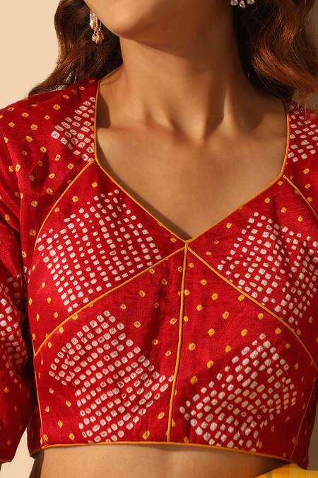Buy_Weaver Story_Red Gabardine V-neck Bandhani Print Blouse _Online_at_Aza_Fashions