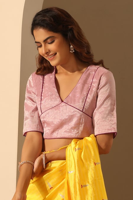 Weaver Story Pink Tissue Silk Solid V Neck Blouse 