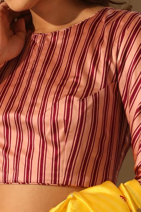Weaver Story_Peach Round Neck Striped Print Blouse _Online_at_Aza_Fashions