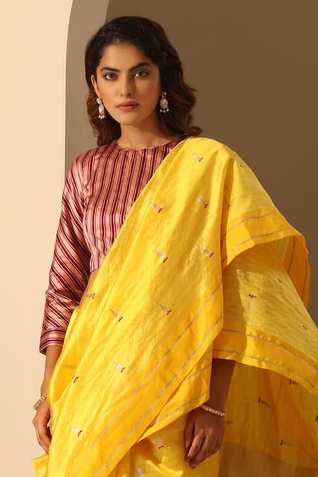 Buy_Weaver Story_Peach Round Neck Striped Print Blouse _Online_at_Aza_Fashions