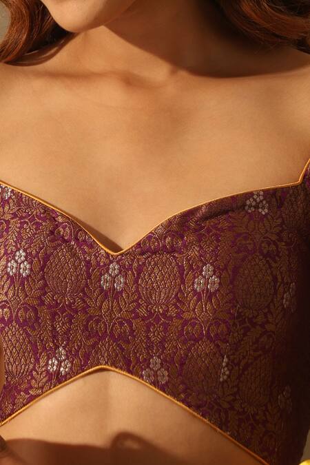 Weaver Story_Purple Brocade Embroidery Sweetheart Neck Floral Hand Blouse _Online_at_Aza_Fashions