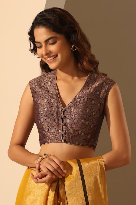 Weaver Story Blue Brocade Hand Embroidered Floral V Neck Work Blouse 