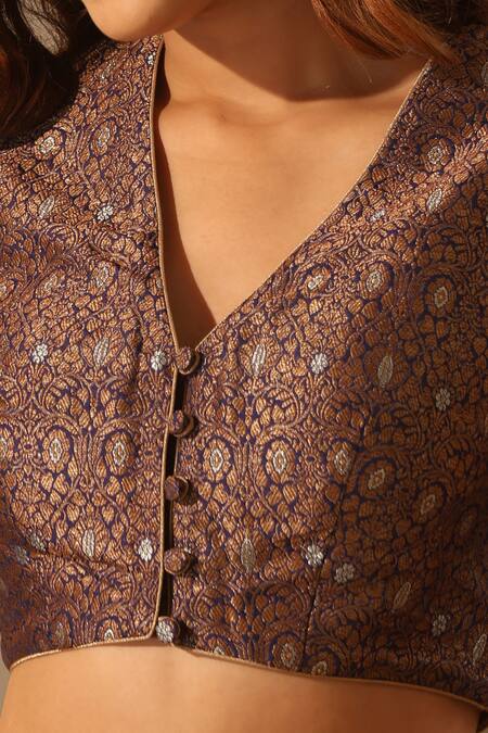Weaver Story_Blue Brocade Embroidery V-neck Floral Work Blouse_Online_at_Aza_Fashions