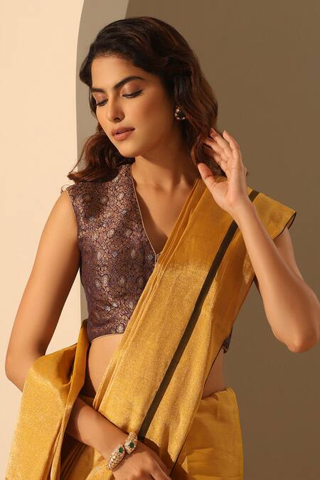 Buy_Weaver Story_Blue Brocade Embroidery V-neck Floral Work Blouse_Online_at_Aza_Fashions