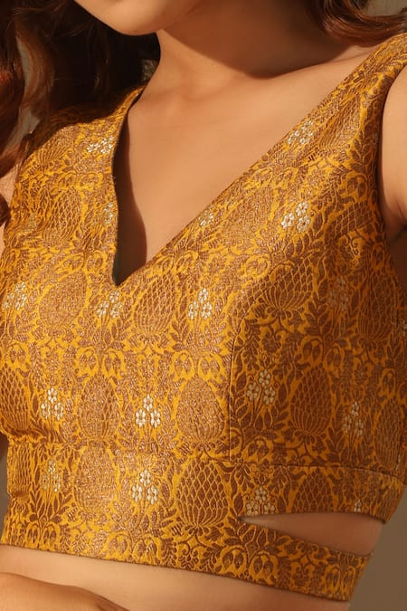 Buy Weaver Story Yellow Brocade Embroidery V-neck Floral Work V Blouse Online at Aza Fashions Buy_Weaver Story_Yellow Brocade Embroidery V-neck Floral Work V Blouse _Online_at_Aza_Fashions