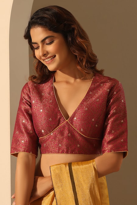 Weaver Story Pink Brocade Hand Embroidered Floral V Neck Blouse 