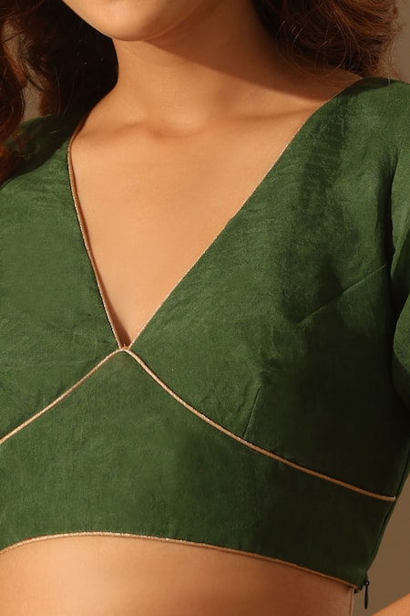 Weaver Story_Green Organza V-neck V Blouse _Online_at_Aza_Fashions