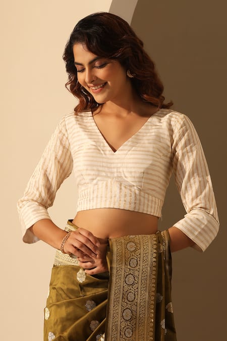 Weaver Story White Tissue Printed Striped V Neck Blouse 