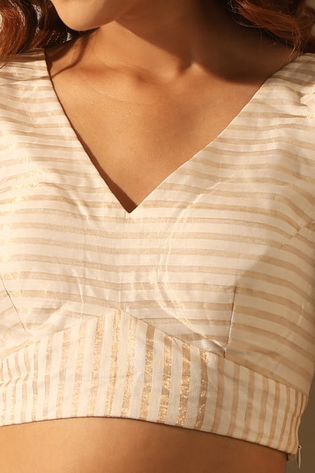 Buy_Weaver Story_White Tissue V-neck Striped Print V Blouse _Online_at_Aza_Fashions