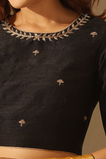 Weaver Story_Black Silk Embroidery Round Neck Hand Blouse _Online_at_Aza_Fashions