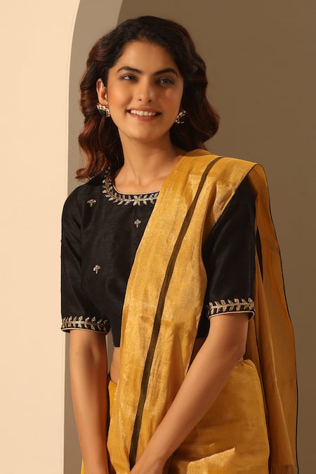 Buy_Weaver Story_Black Silk Embroidery Round Neck Hand Blouse _Online_at_Aza_Fashions