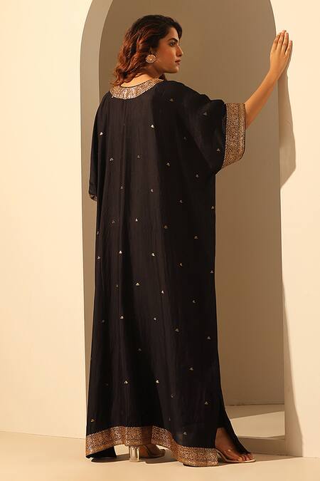 Shop_Weaver Story_Black Handloom Cotton Sequins V-neck Embroidered Kaftan _at_Aza_Fashions