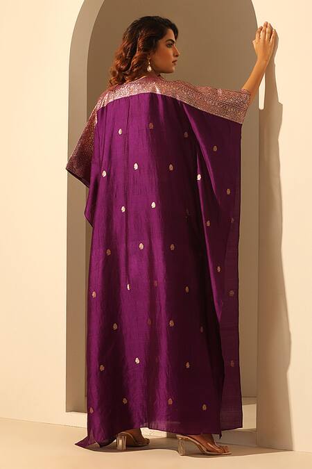 Shop_Weaver Story_Purple Handloom Cotton Sequins V-neck Work Kaftan _at_Aza_Fashions