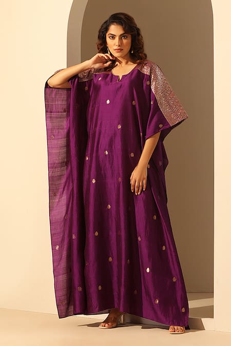 Buy_Weaver Story_Purple Handloom Cotton Sequins V-neck Work Kaftan _Online_at_Aza_Fashions