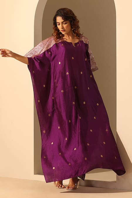 Shop_Weaver Story_Purple Handloom Cotton Sequins V-neck Work Kaftan _Online_at_Aza_Fashions