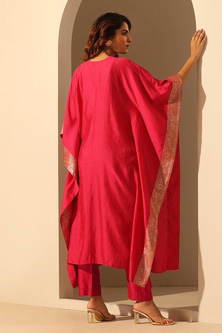 Shop_Weaver Story_Pink Handloom Cotton Sequins V-neck Kaftan _at_Aza_Fashions