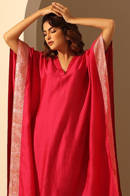 Weaver Story_Pink Handloom Cotton Sequins V-neck Kaftan _Online_at_Aza_Fashions