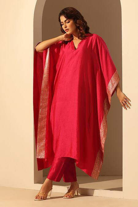 Buy_Weaver Story_Pink Handloom Cotton Sequins V-neck Kaftan _Online_at_Aza_Fashions