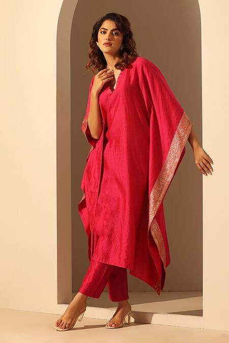 Weaver Story_Pink Chanderi Silk, Handloom Cotton Sequins V-neck Kaftan And Pant Set_at_Aza_Fashions