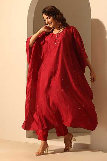 Shop_Weaver Story_Maroon Handloom Cotton Sequins Round Neck Embroidered Kaftan _Online_at_Aza_Fashions