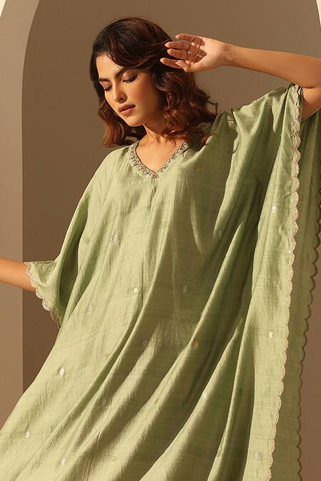 Weaver Story_Green Handloom Cotton Sequins V-neck Embroidered V Kaftan _Online_at_Aza_Fashions
