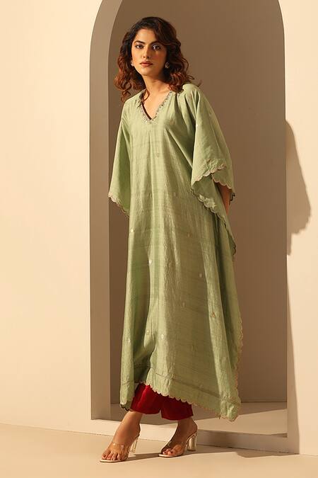 Buy_Weaver Story_Green Handloom Cotton Sequins V-neck Embroidered V Kaftan _Online_at_Aza_Fashions