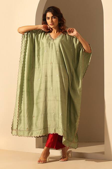 Shop_Weaver Story_Green Handloom Cotton Sequins V-neck Embroidered V Kaftan _Online_at_Aza_Fashions
