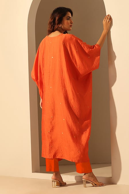 Shop_Weaver Story_Orange Handloom Cotton Sequins V-neck Embroidered Kaftan _at_Aza_Fashions