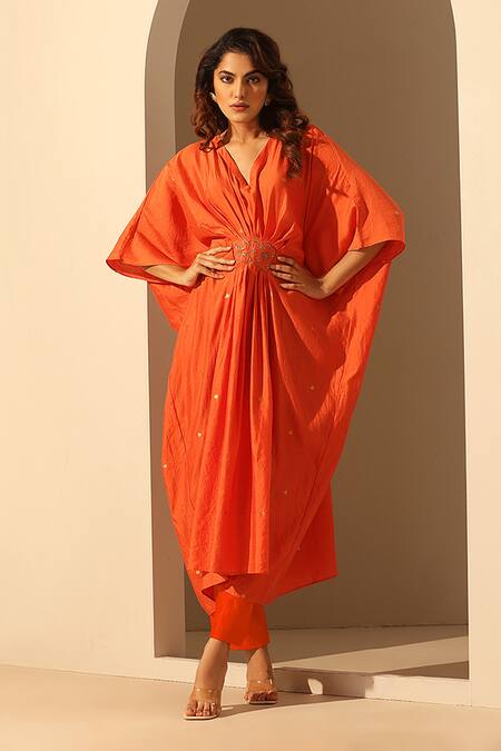 Buy_Weaver Story_Orange Handloom Cotton Sequins V-neck Embroidered Kaftan _Online_at_Aza_Fashions