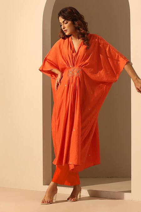 Shop_Weaver Story_Orange Handloom Cotton Sequins V-neck Embroidered Kaftan _Online_at_Aza_Fashions
