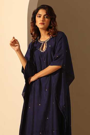 Weaver Story_Blue Handloom Cotton Sequins Round Neck Work Kaftan _Online_at_Aza_Fashions
