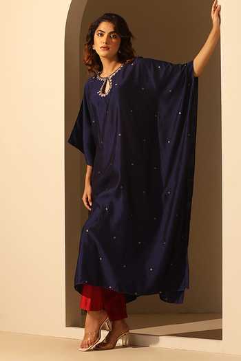 Buy_Weaver Story_Blue Handloom Cotton Sequins Round Neck Work Kaftan _Online_at_Aza_Fashions
