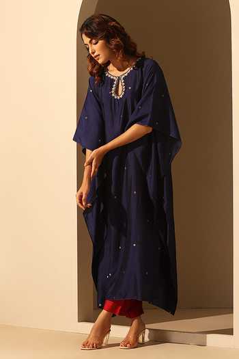 Shop_Weaver Story_Blue Handloom Cotton Sequins Round Neck Work Kaftan _Online_at_Aza_Fashions
