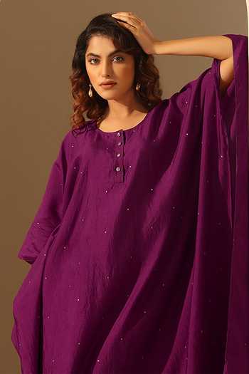 Weaver Story_Purple Handloom Cotton Sequins Round Neck Kaftan _Online_at_Aza_Fashions