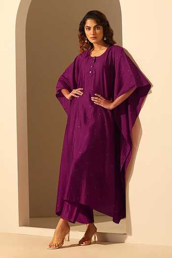 Buy_Weaver Story_Purple Handloom Cotton Sequins Round Neck Kaftan _Online_at_Aza_Fashions