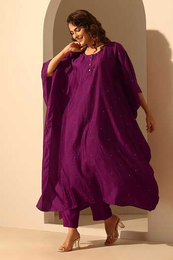 Shop_Weaver Story_Purple Handloom Cotton Sequins Round Neck Kaftan _Online_at_Aza_Fashions