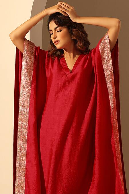 Weaver Story_Maroon Handloom Cotton Sequins V-neck Embroidered Round Kaftan _Online_at_Aza_Fashions
