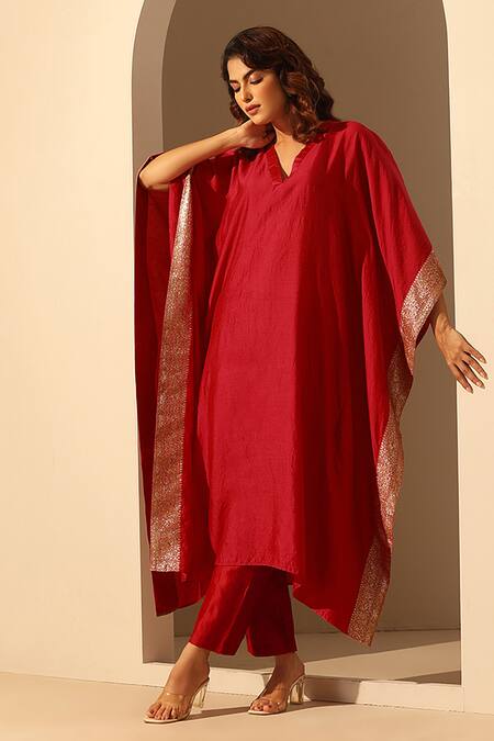 Buy_Weaver Story_Maroon Handloom Cotton Sequins V-neck Embroidered Round Kaftan _Online_at_Aza_Fashions