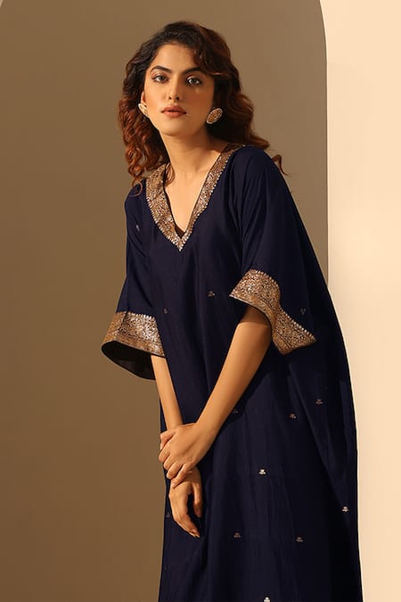 Weaver Story_Blue Handloom Cotton Sequins V-neck Embroidered V Kaftan _Online_at_Aza_Fashions