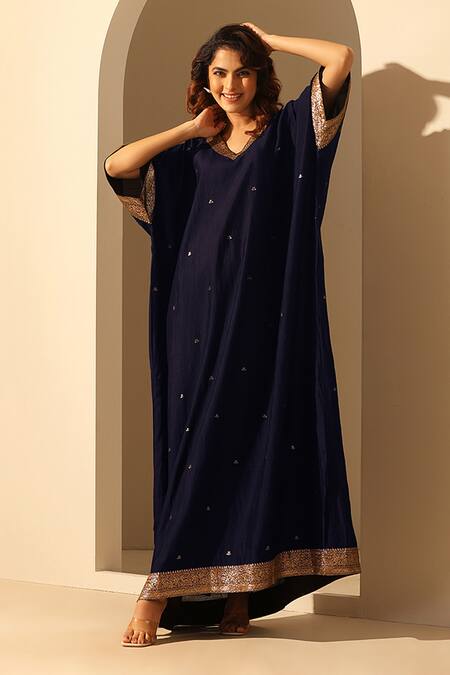 Buy_Weaver Story_Blue Handloom Cotton Sequins V-neck Embroidered V Kaftan _Online_at_Aza_Fashions