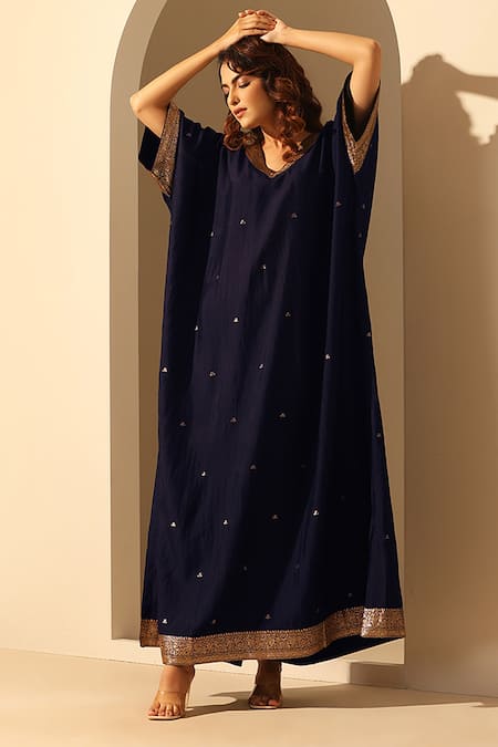 Shop_Weaver Story_Blue Handloom Cotton Sequins V-neck Embroidered V Kaftan _Online_at_Aza_Fashions