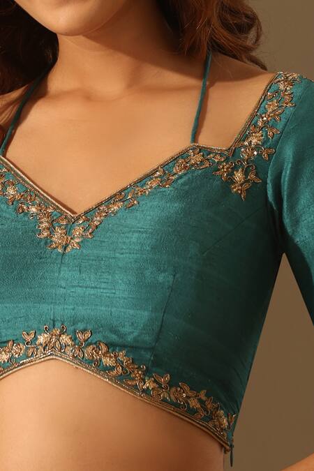 Weaver Story_Green Silk Embroidery V-neck Placement Hand Blouse _Online_at_Aza_Fashions