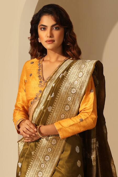 Weaver Story_Yellow Silk Embroidery V-neck Floral Hand Blouse _Online_at_Aza_Fashions