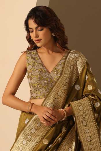 Weaver Story_Green Silk Embroidery, Zari V-neck Hand Zardozi Blouse _Online_at_Aza_Fashions