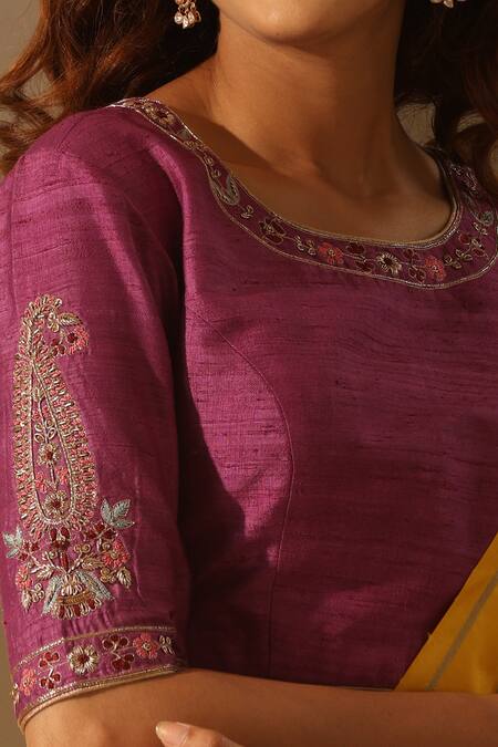 Weaver Story_Purple Tissue Embroidery Round Neck Placement Resham Blouse _Online_at_Aza_Fashions